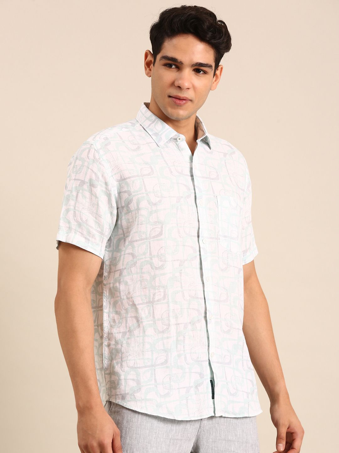 Linen Club Men's Linen Blend Seafoam Green Printed Contemporary Fit Half Sleeves Casual Shirt