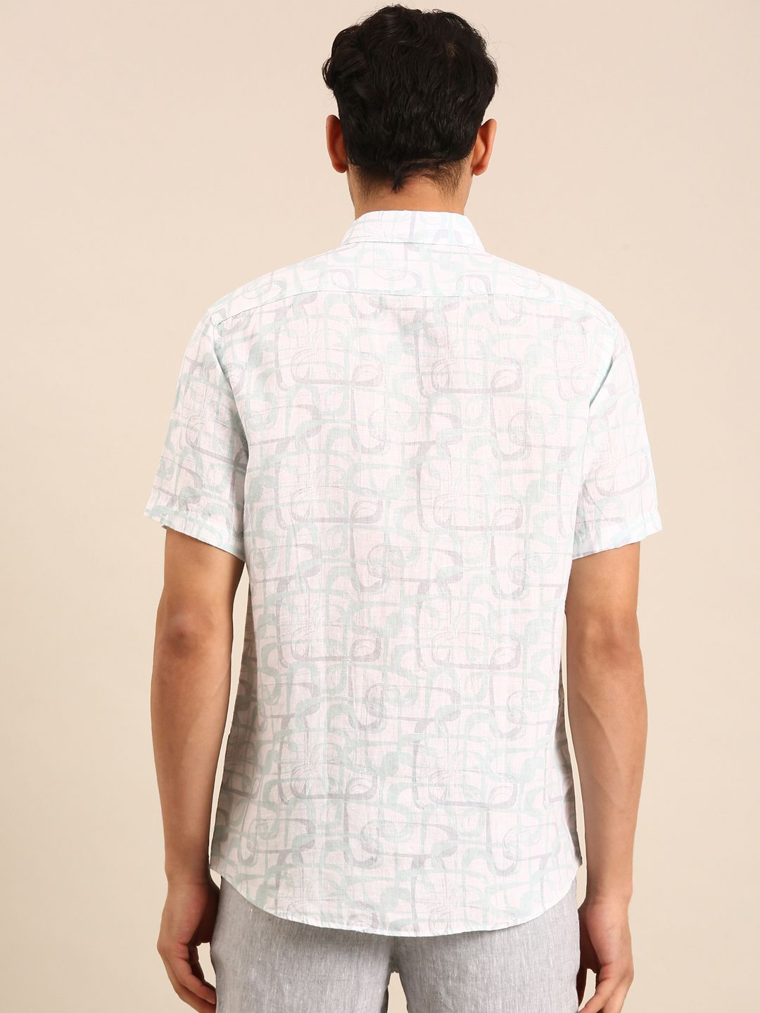Linen Club Men's Linen Blend Seafoam Green Printed Contemporary Fit Half Sleeves Casual Shirt
