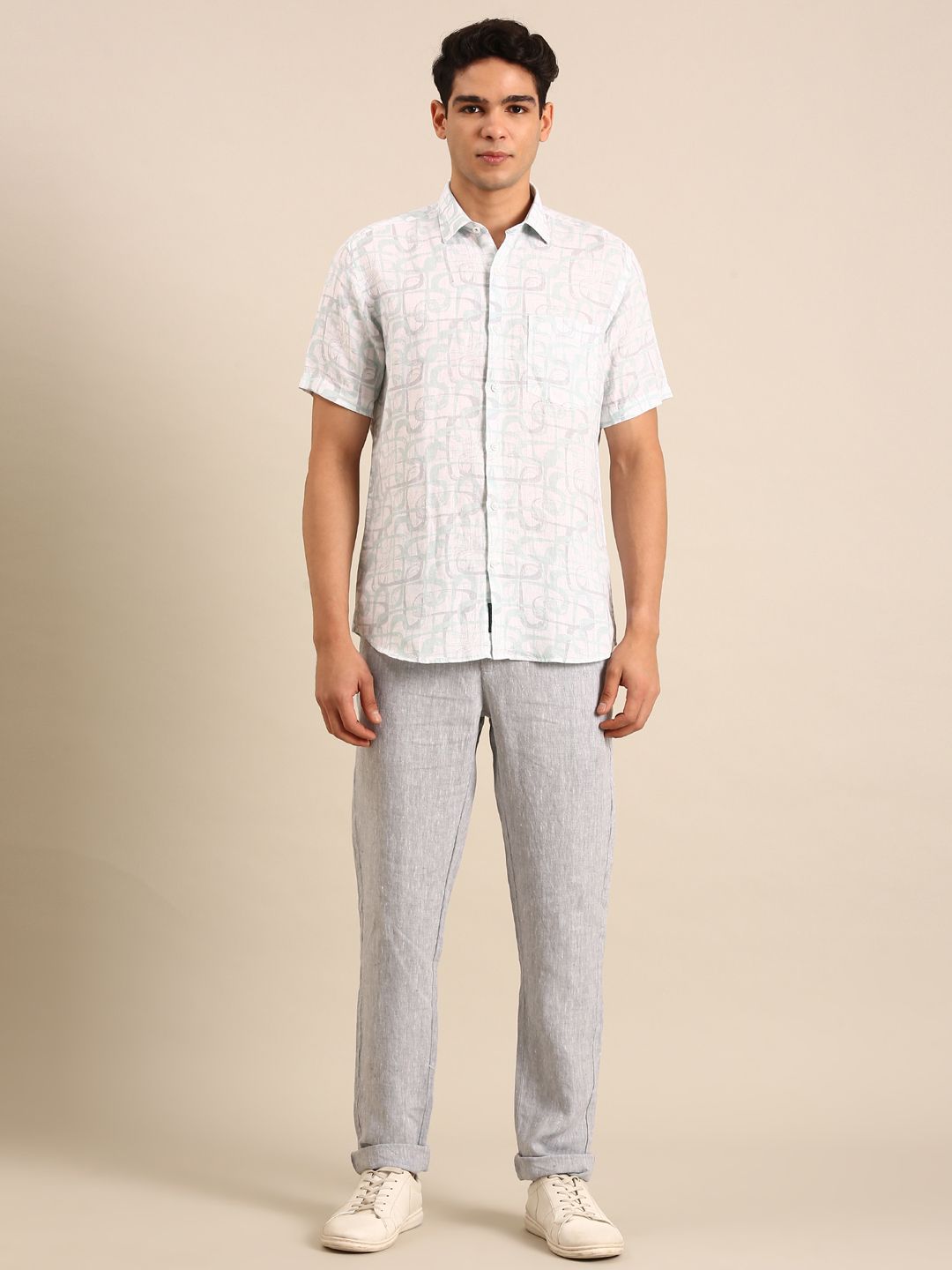 Linen Club Men's Linen Blend Seafoam Green Printed Contemporary Fit Half Sleeves Casual Shirt