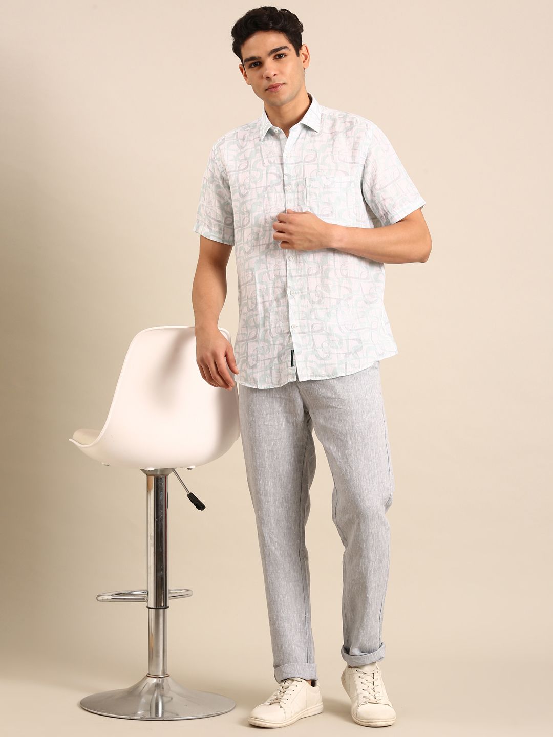 Linen Club Men's Linen Blend Seafoam Green Printed Contemporary Fit Half Sleeves Casual Shirt
