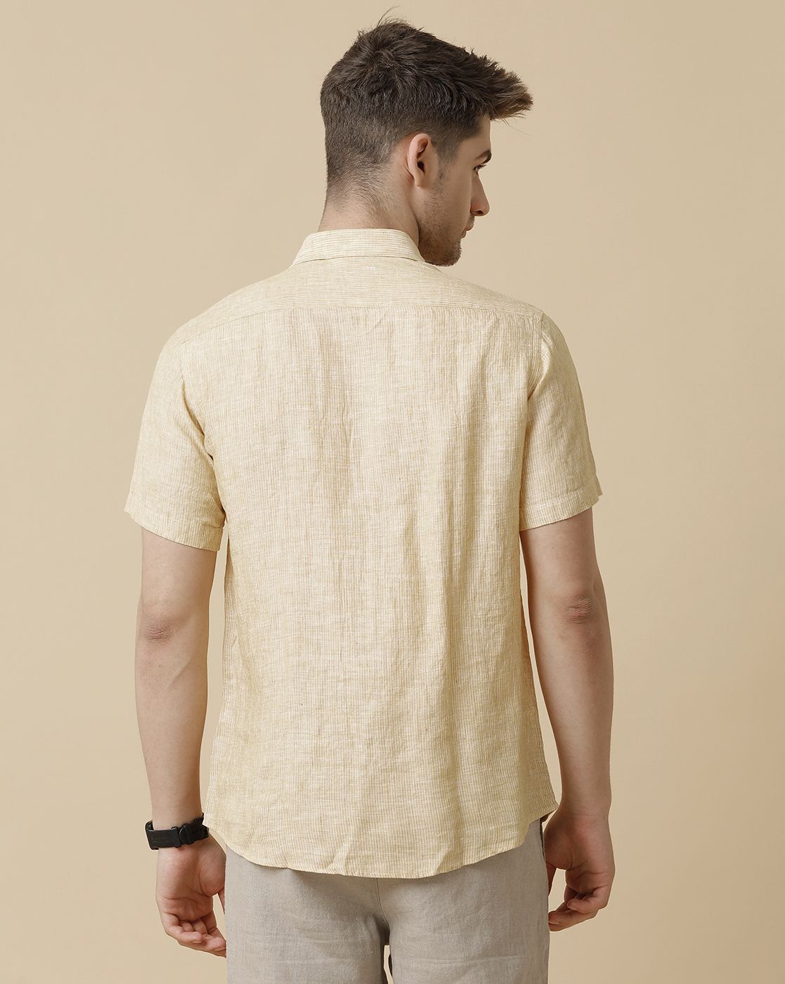Men's Pure Linen Yellow Striped Contemporary Fit Half Sleeve Men's Pure Linen Yellow Striped Contemporary Fit Half Sleeve