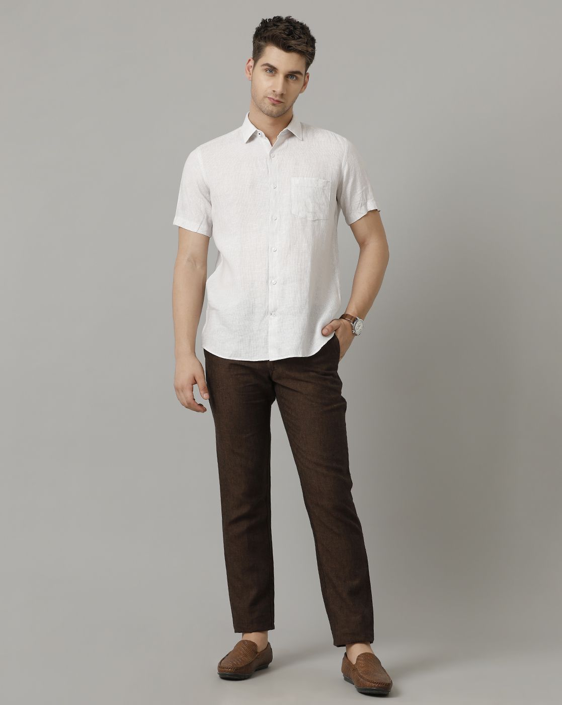 Men's Pure Linen Beige Striped Contemporary Fit Half Sleeve Sleeve Casual Shirt