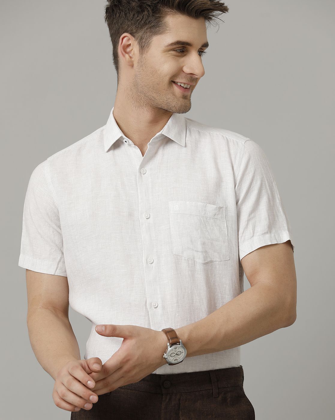 Men's Pure Linen Beige Striped Contemporary Fit Half Sleeve Sleeve Casual Shirt