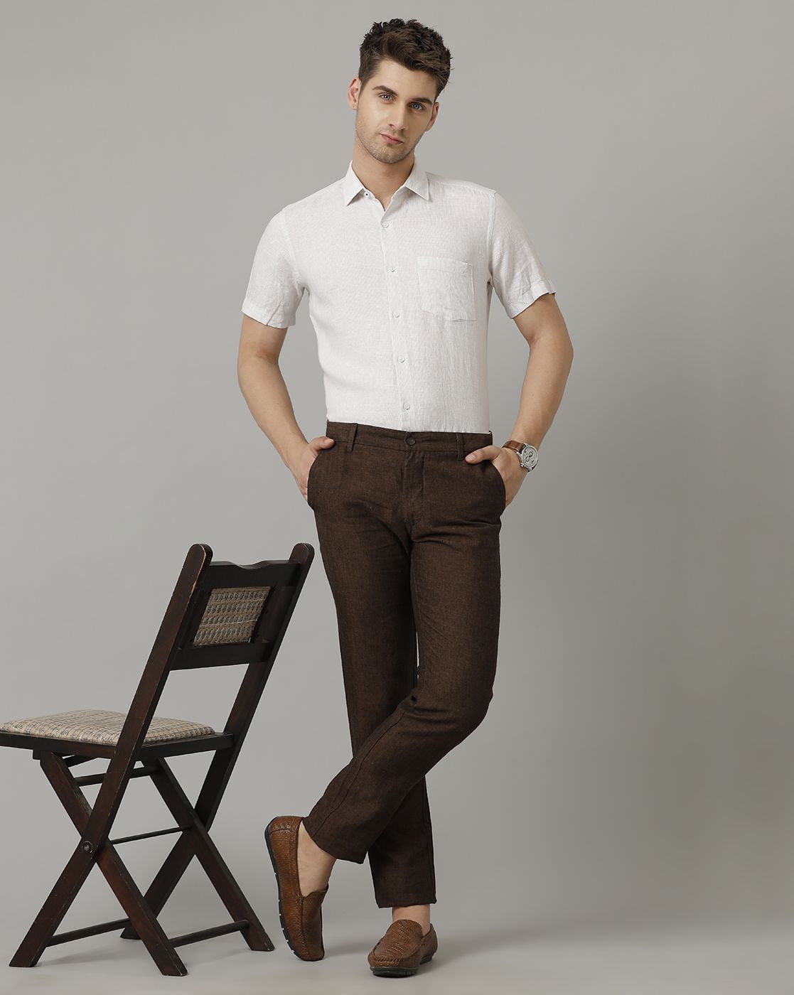 Men's Pure Linen Beige Striped Contemporary Fit Half Sleeve Sleeve Casual Shirt