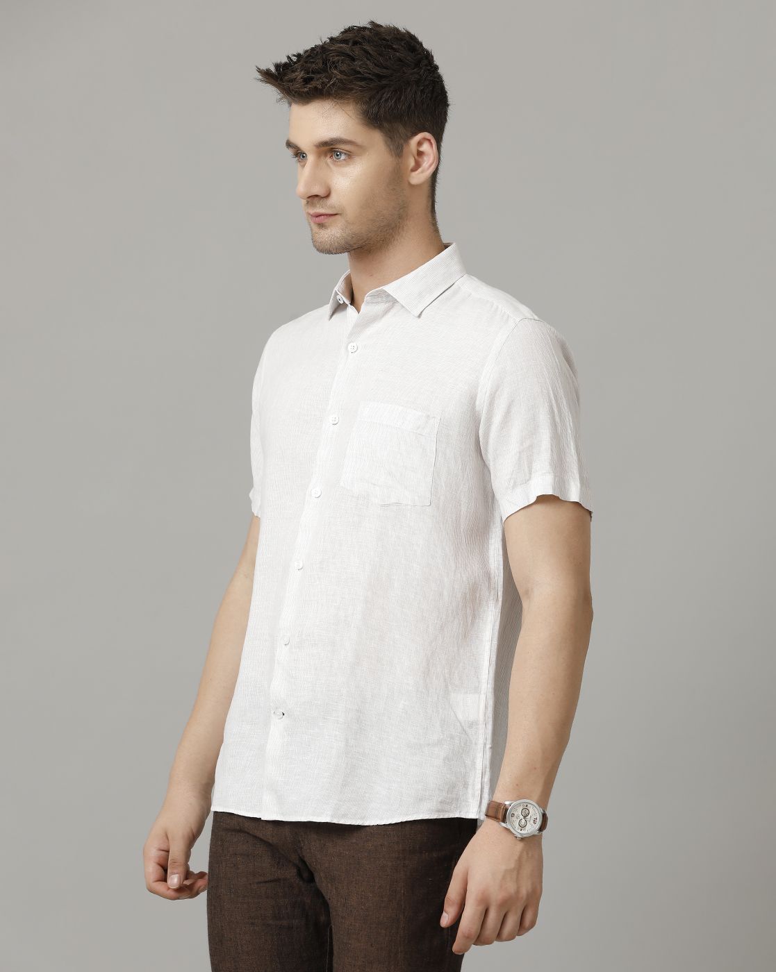 Men's Pure Linen Beige Striped Contemporary Fit Half Sleeve Sleeve Casual Shirt