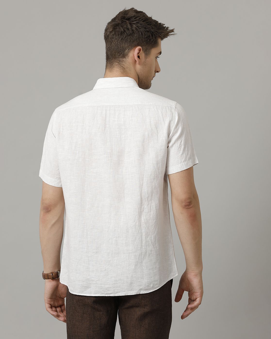 Men's Pure Linen Beige Striped Contemporary Fit Half Sleeve Sleeve Casual Shirt