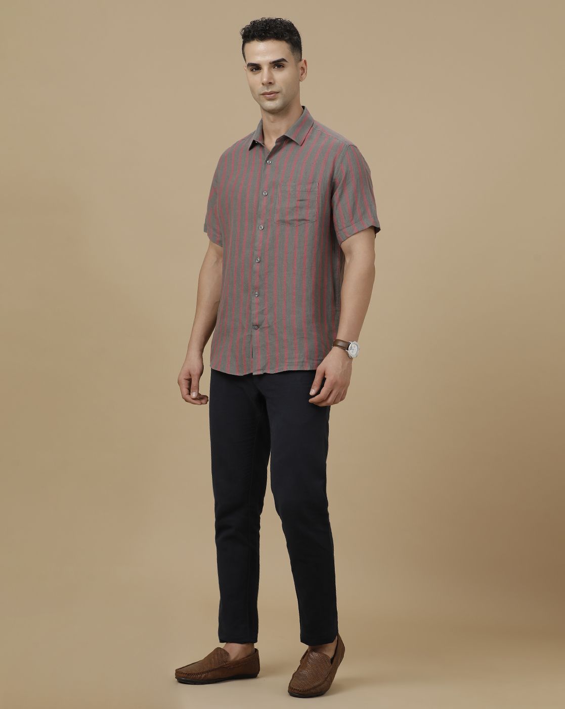 Linen Club Men's Pure Linen Grey Striped Contemporary Fit Half Sleeve Casual Shirt