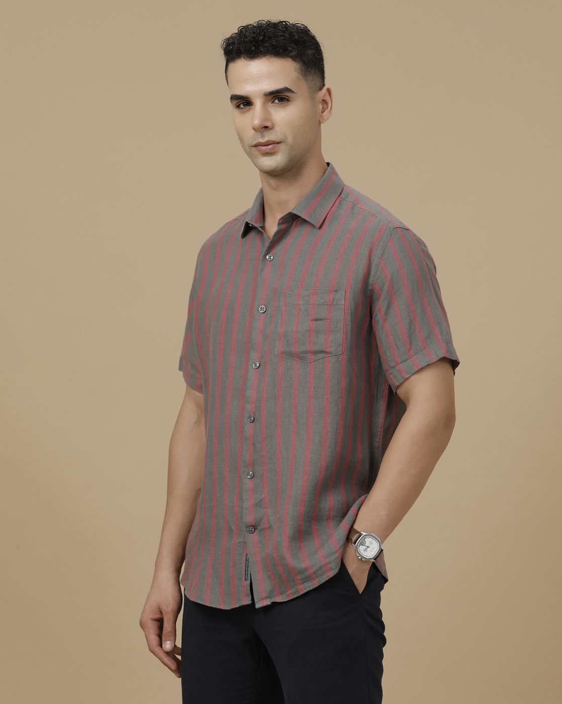 Linen Club Men's Pure Linen Grey Striped Contemporary Fit Half Sleeve Casual Shirt