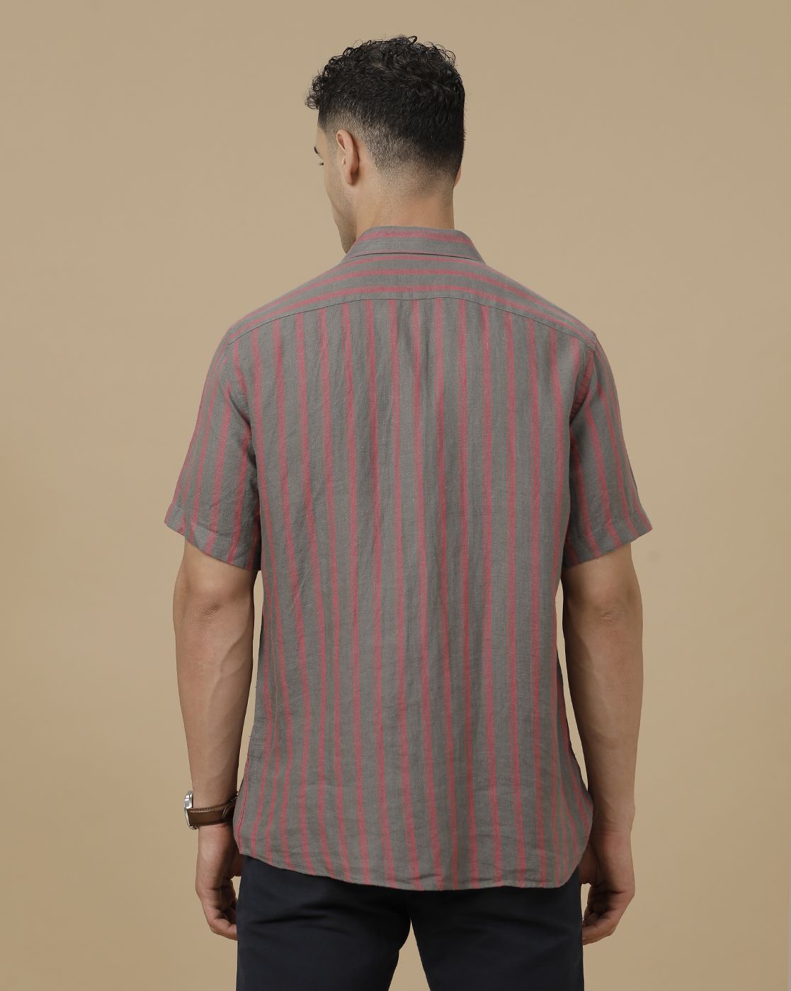 Linen Club Men's Pure Linen Grey Striped Contemporary Fit Half Sleeve Casual Shirt