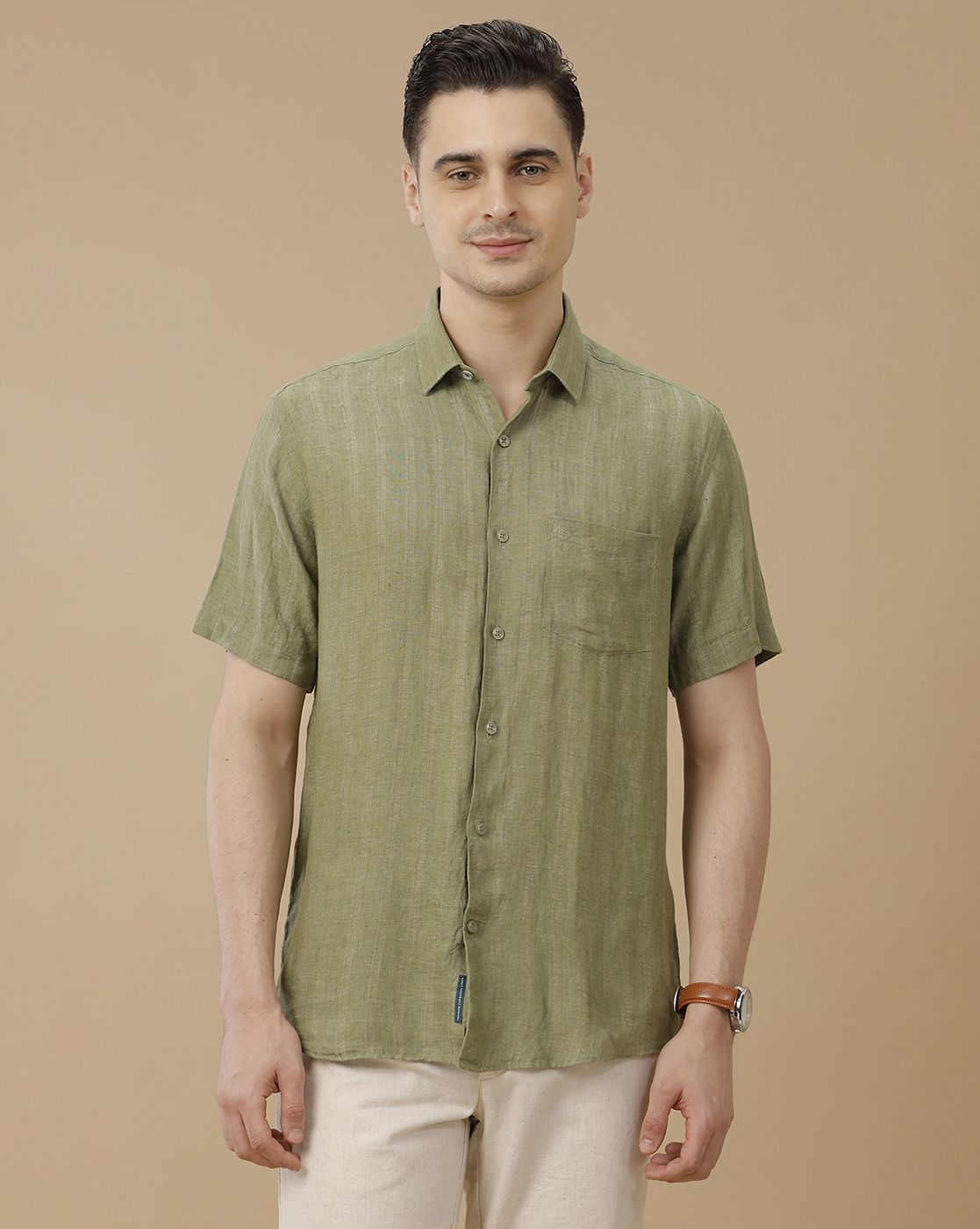 Men's Pure Linen Green Striped Contemporary Fit Half Sleeve Casual Shirt