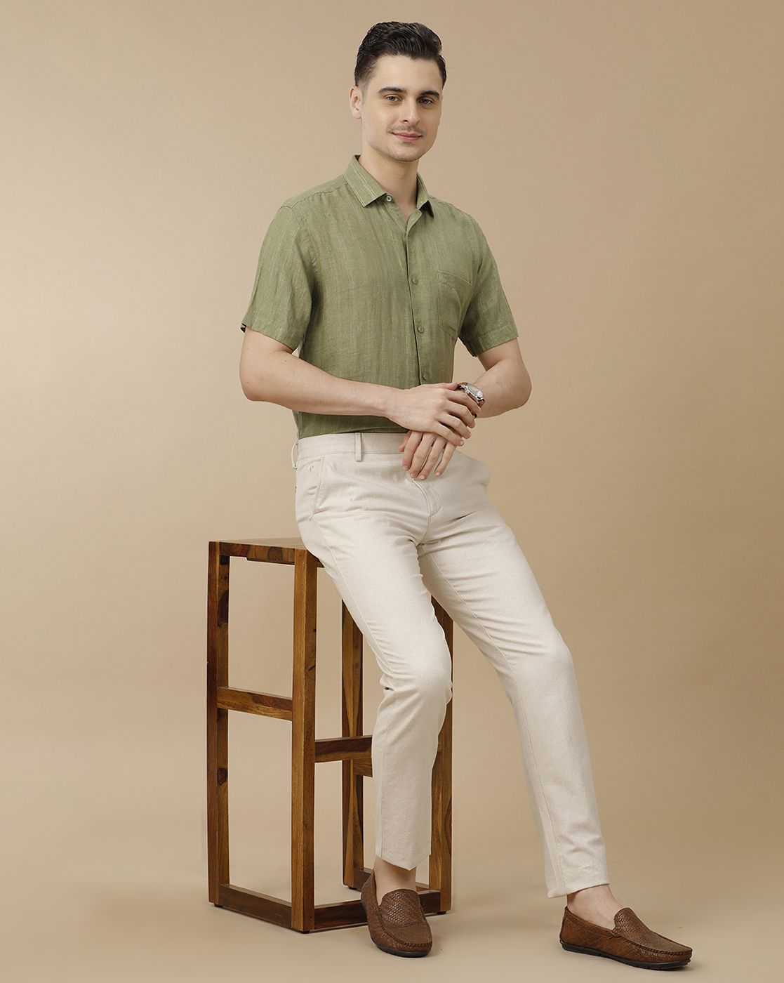 Men's Pure Linen Green Striped Contemporary Fit Half Sleeve Casual Shirt