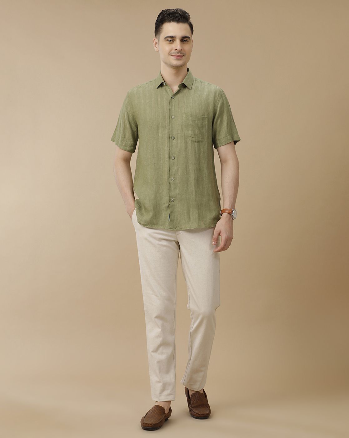 Men's Pure Linen Green Striped Contemporary Fit Half Sleeve Casual Shirt