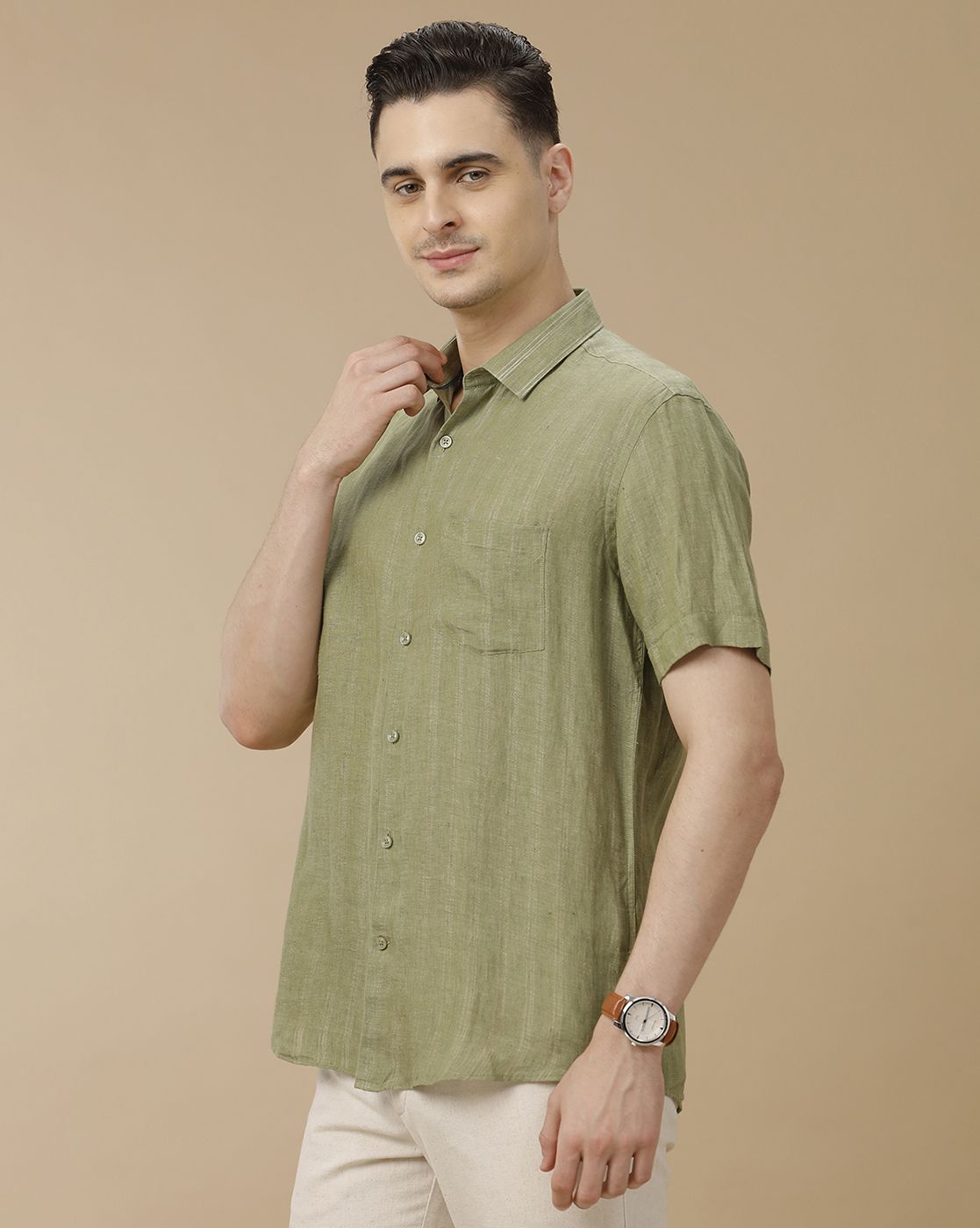 Men's Pure Linen Green Striped Contemporary Fit Half Sleeve Casual Shirt