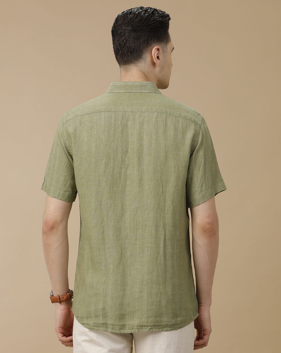 Men's Pure Linen Green Striped Contemporary Fit Half Sleeve Casual Shirt