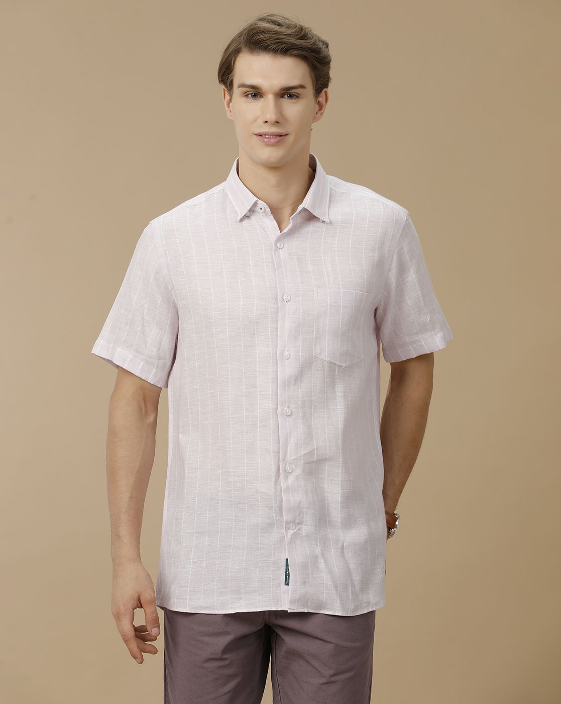Men's Pure Linen Purple Striped Contemporary Fit Half Sleeve Casual Shirt