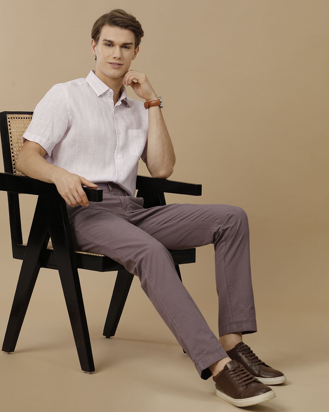 Men's Pure Linen Purple Striped Contemporary Fit Half Sleeve Casual Shirt