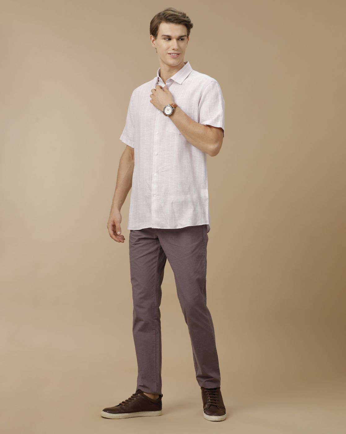 Men's Pure Linen Purple Striped Contemporary Fit Half Sleeve Casual Shirt