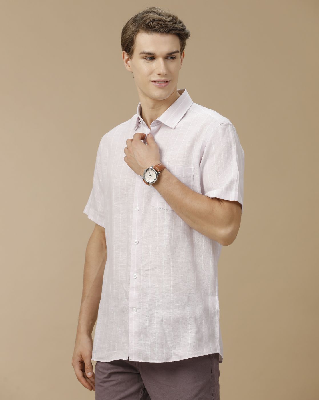 Men's Pure Linen Purple Striped Contemporary Fit Half Sleeve Casual Shirt