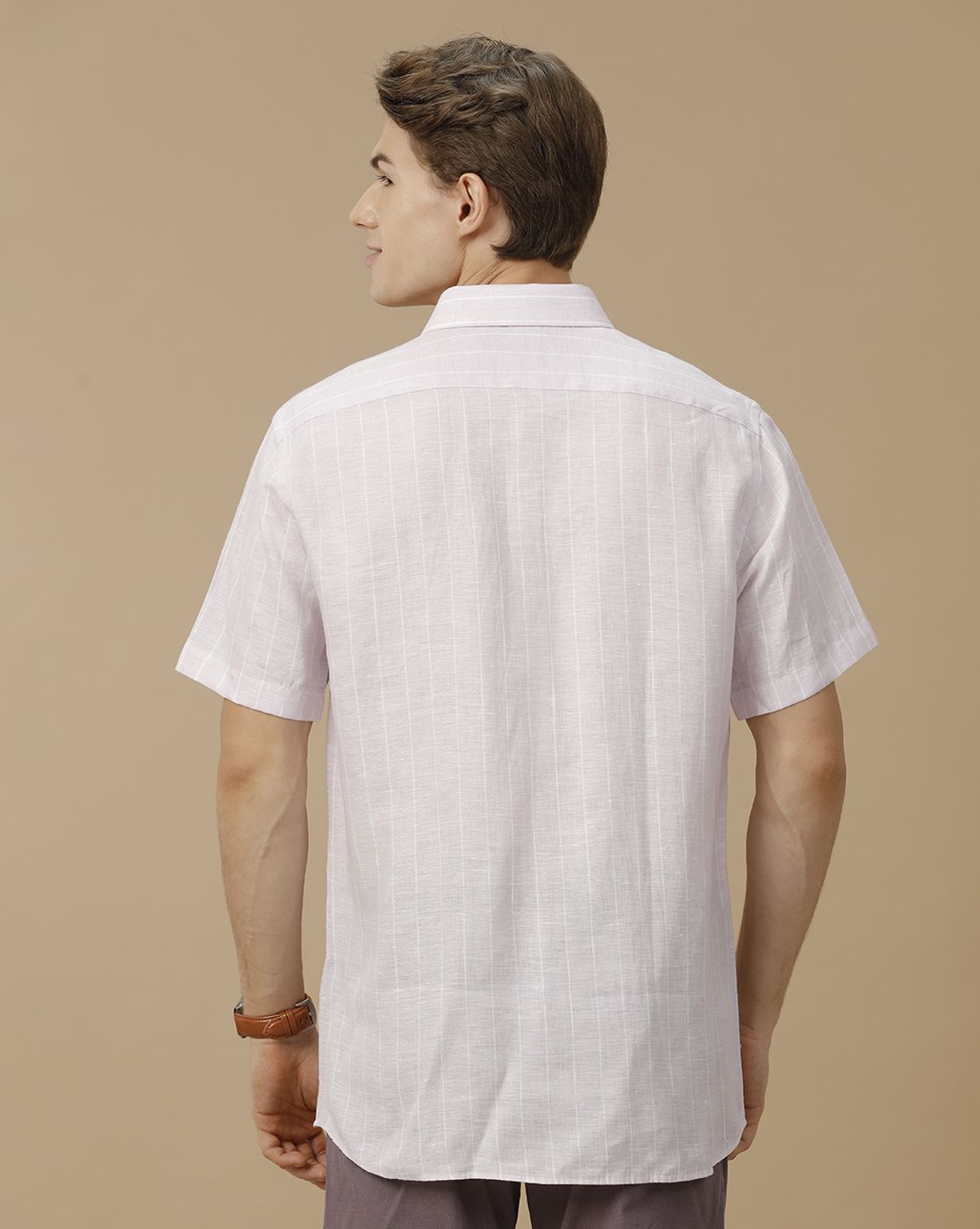 Men's Pure Linen Purple Striped Contemporary Fit Half Sleeve Casual Shirt