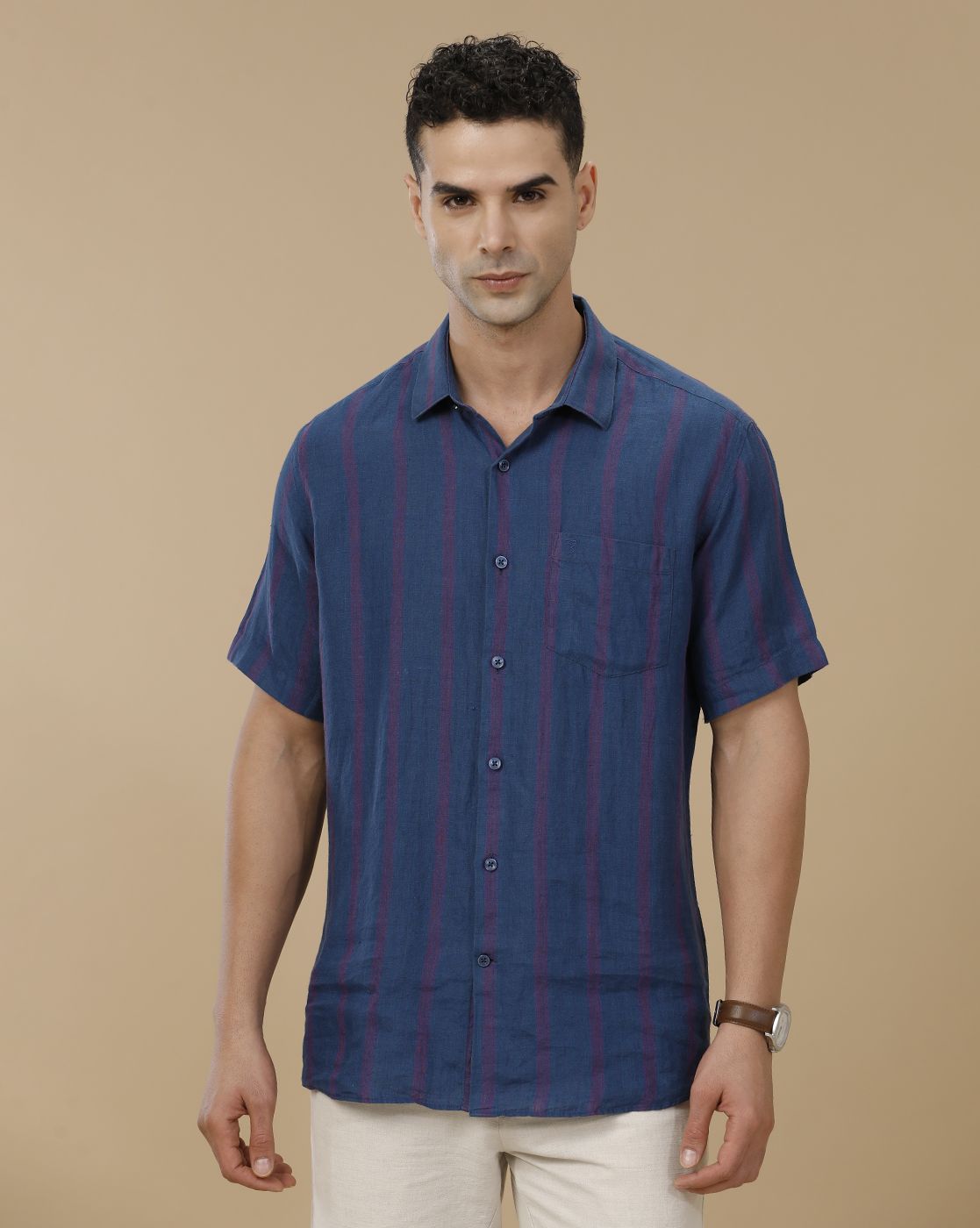 Linen Club Men's Pure Linen Blue Striped Contemporary Fit Half Sleeve Casual Shirt