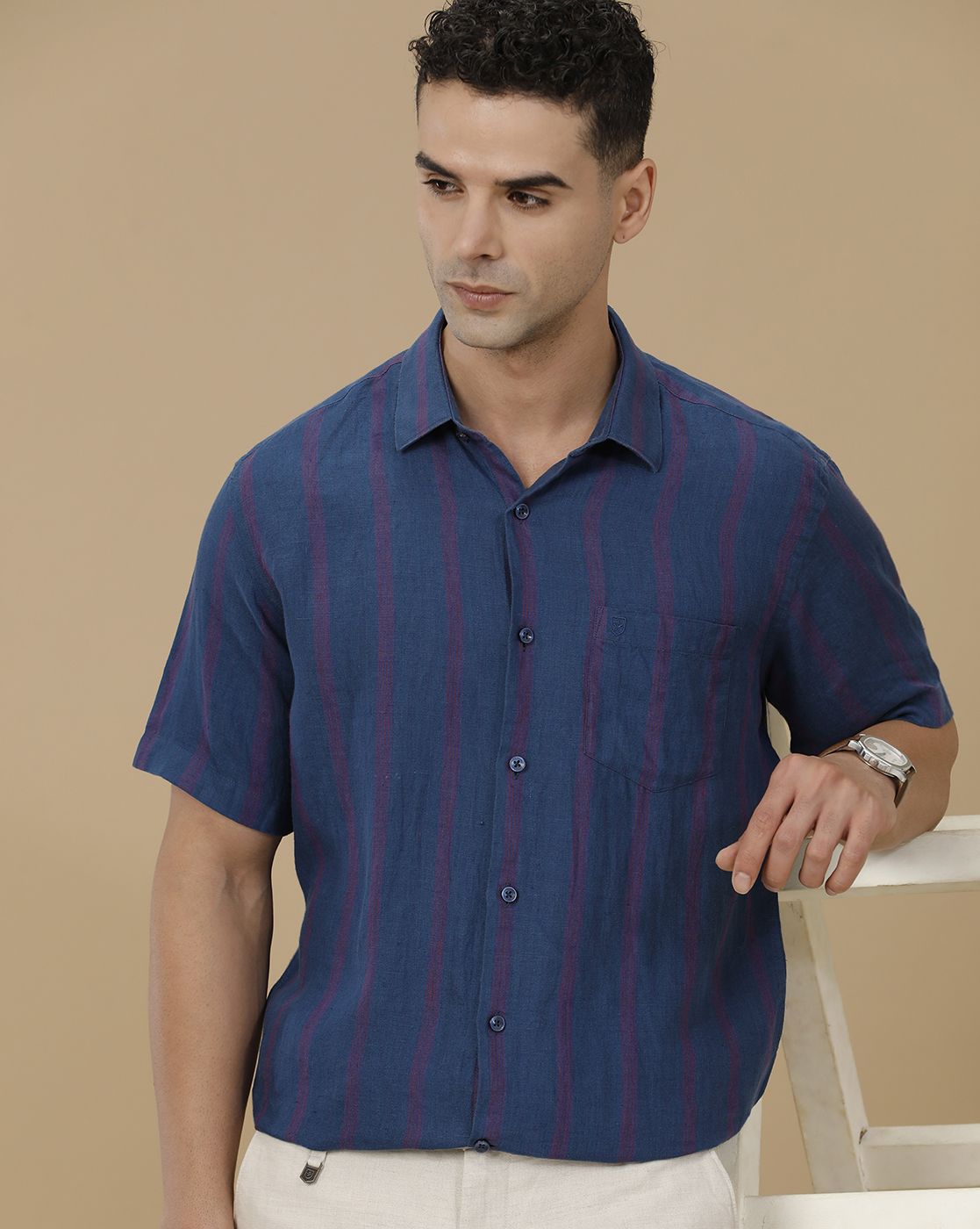 Linen Club Men's Pure Linen Blue Striped Contemporary Fit Half Sleeve Casual Shirt