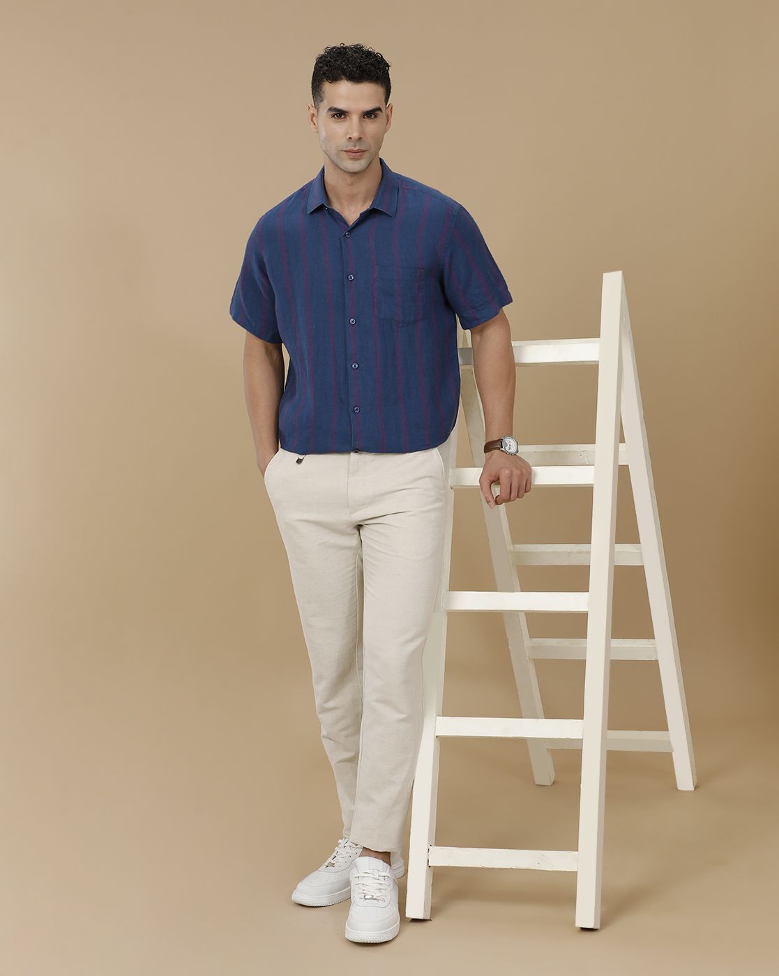 Linen Club Men's Pure Linen Blue Striped Contemporary Fit Half Sleeve Casual Shirt