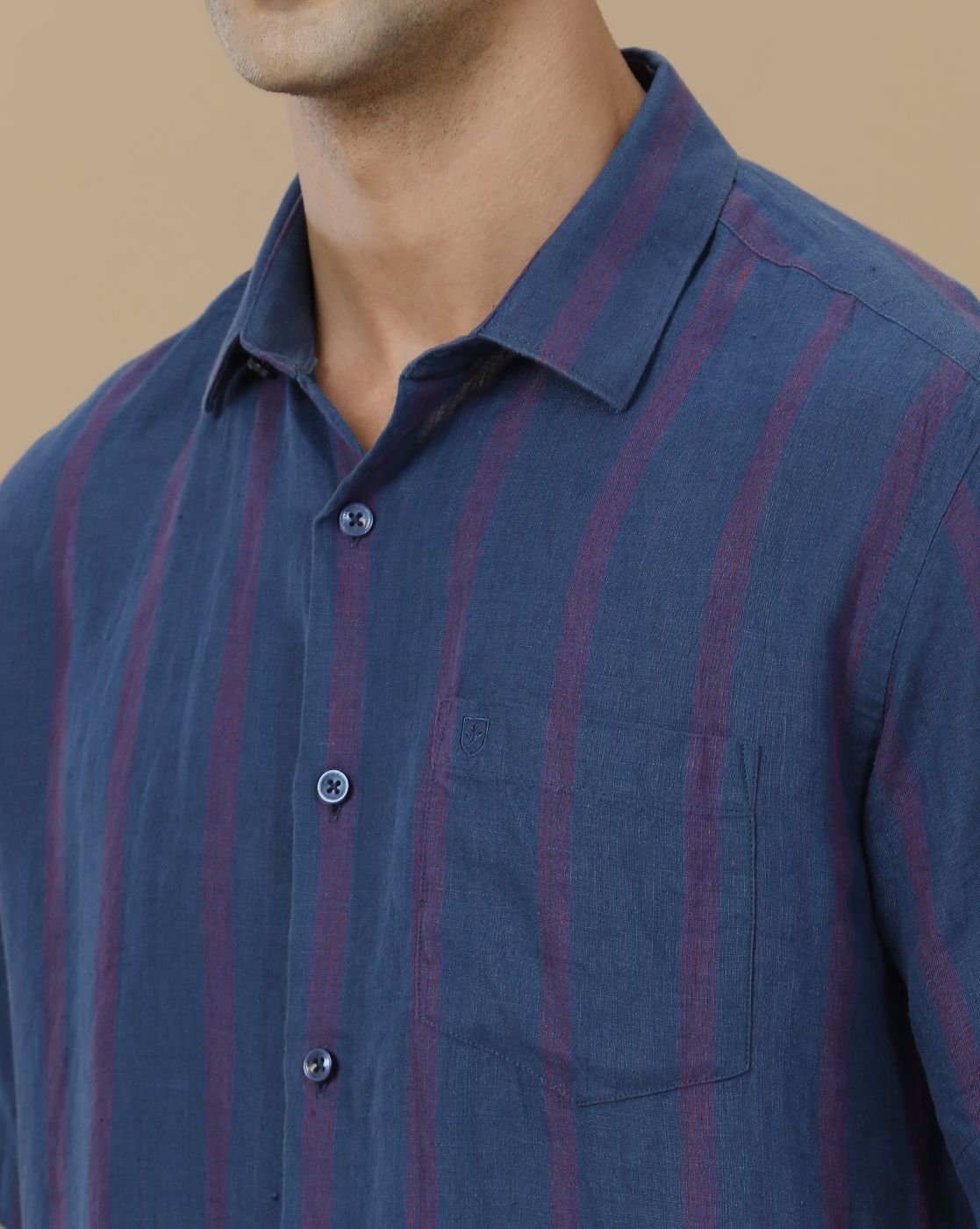 Linen Club Men's Pure Linen Blue Striped Contemporary Fit Half Sleeve Casual Shirt