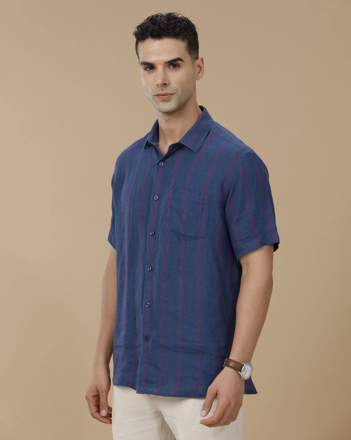 Linen Club Men's Pure Linen Blue Striped Contemporary Fit Half Sleeve Casual Shirt