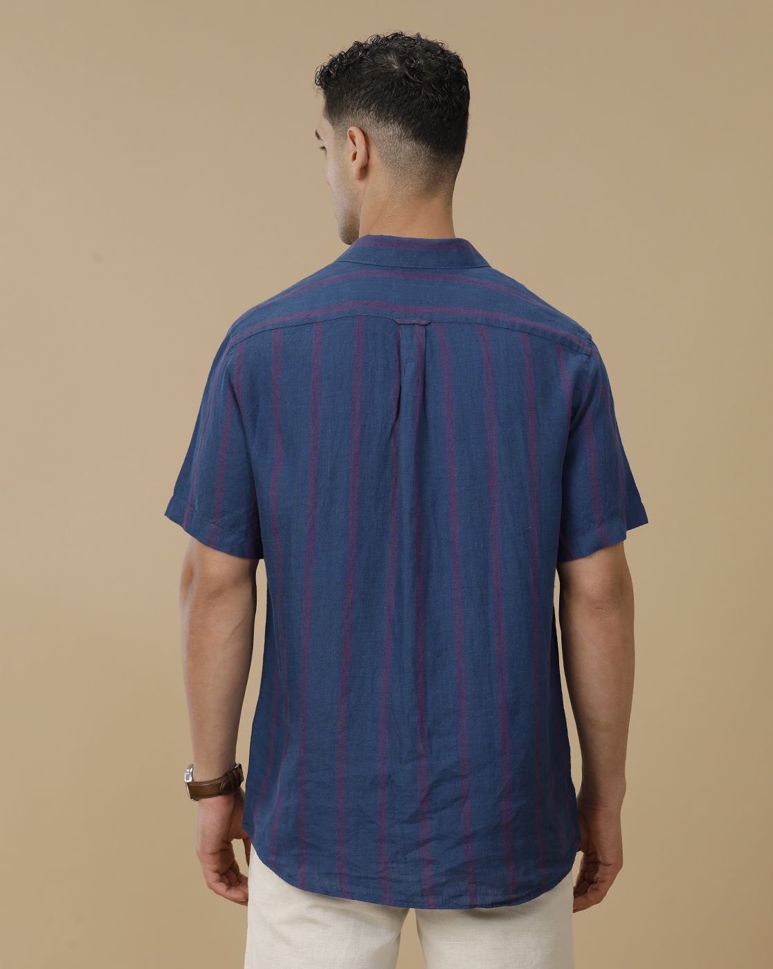 Linen Club Men's Pure Linen Blue Striped Contemporary Fit Half Sleeve Casual Shirt