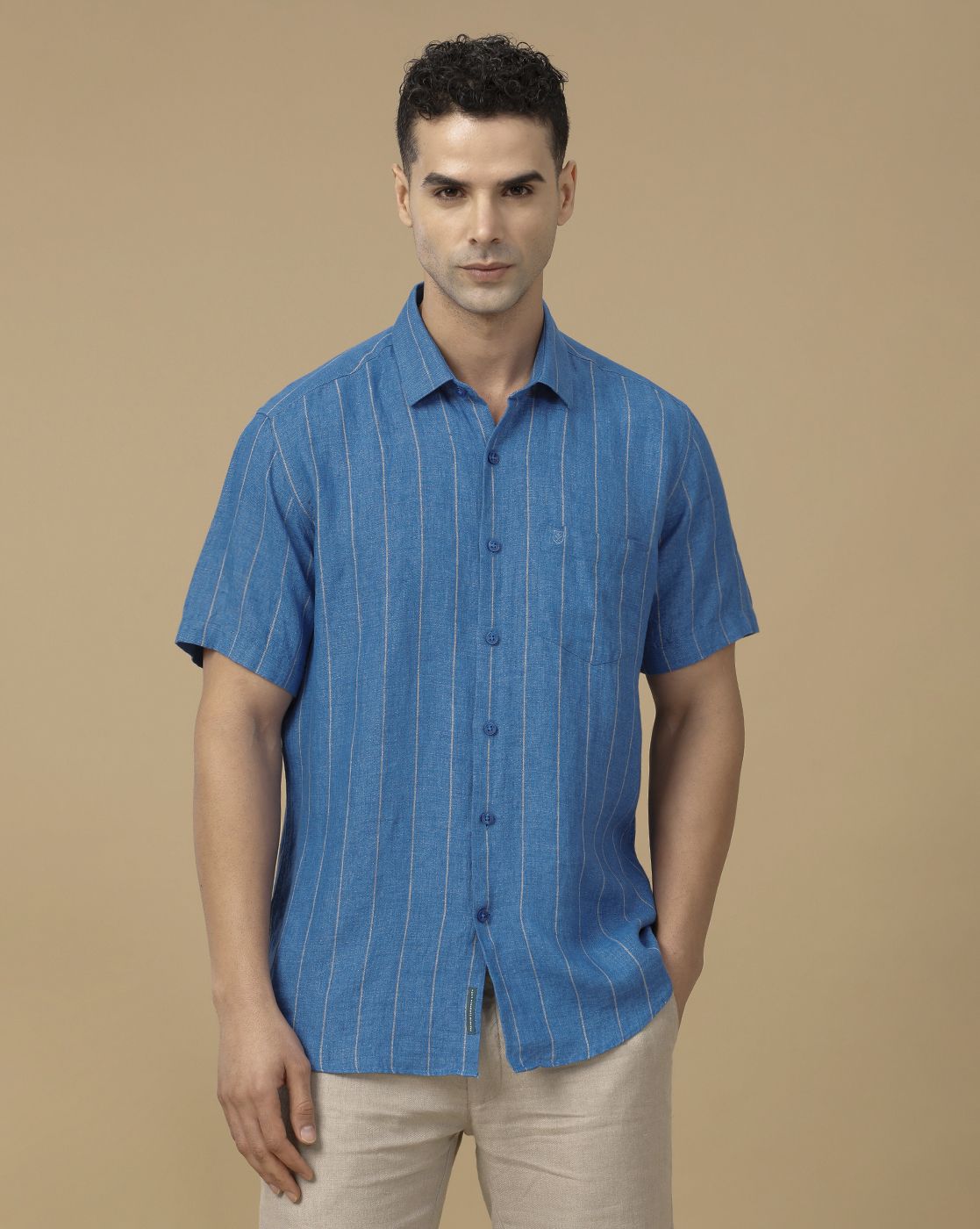 Linen Club Men's Pure Linen Blue Striped Contemporary Fit Half Sleeve Casual Shirt
