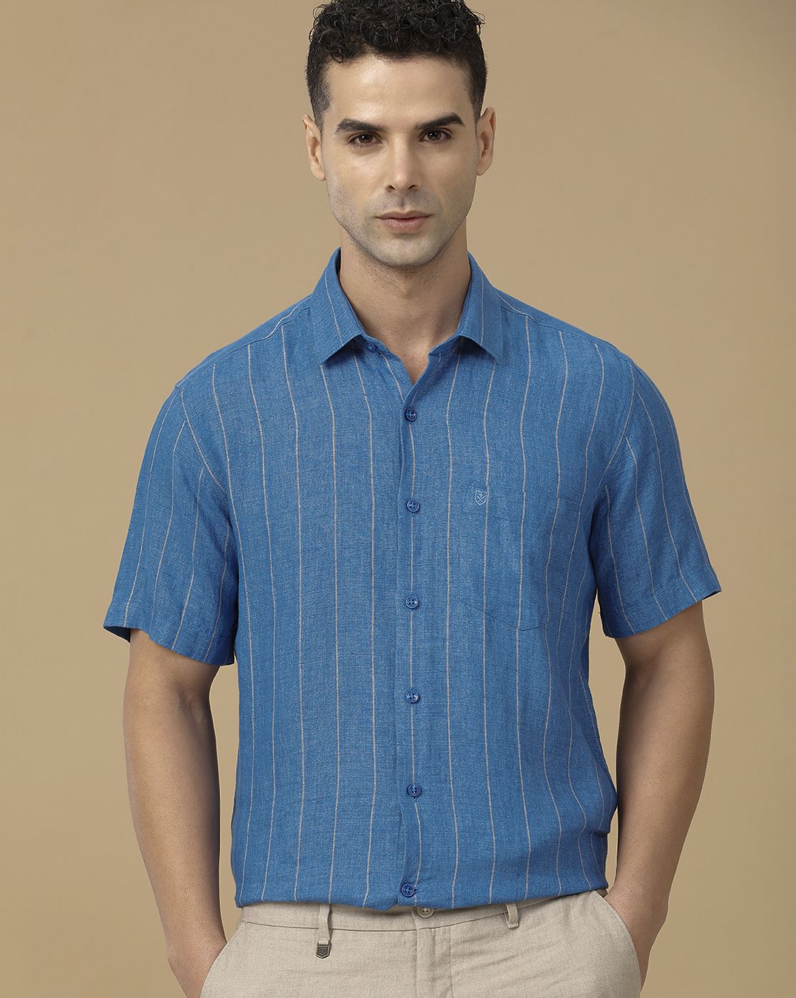 Linen Club Men's Pure Linen Blue Striped Contemporary Fit Half Sleeve Casual Shirt