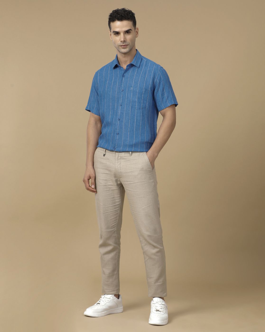 Linen Club Men's Pure Linen Blue Striped Contemporary Fit Half Sleeve Casual Shirt