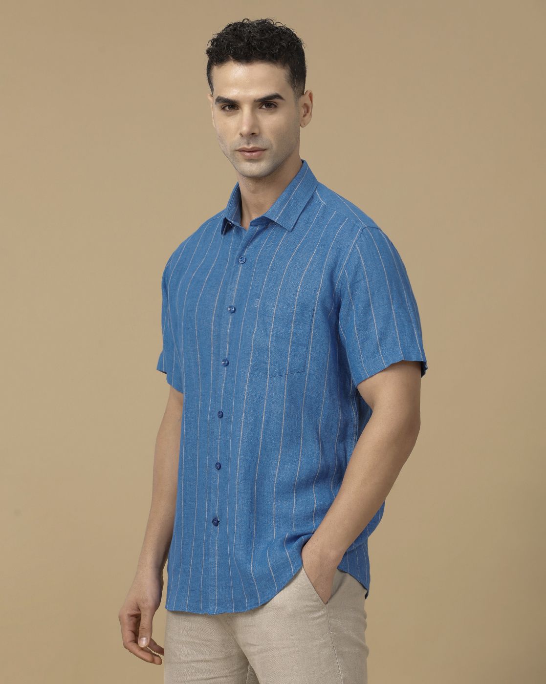 Linen Club Men's Pure Linen Blue Striped Contemporary Fit Half Sleeve Casual Shirt