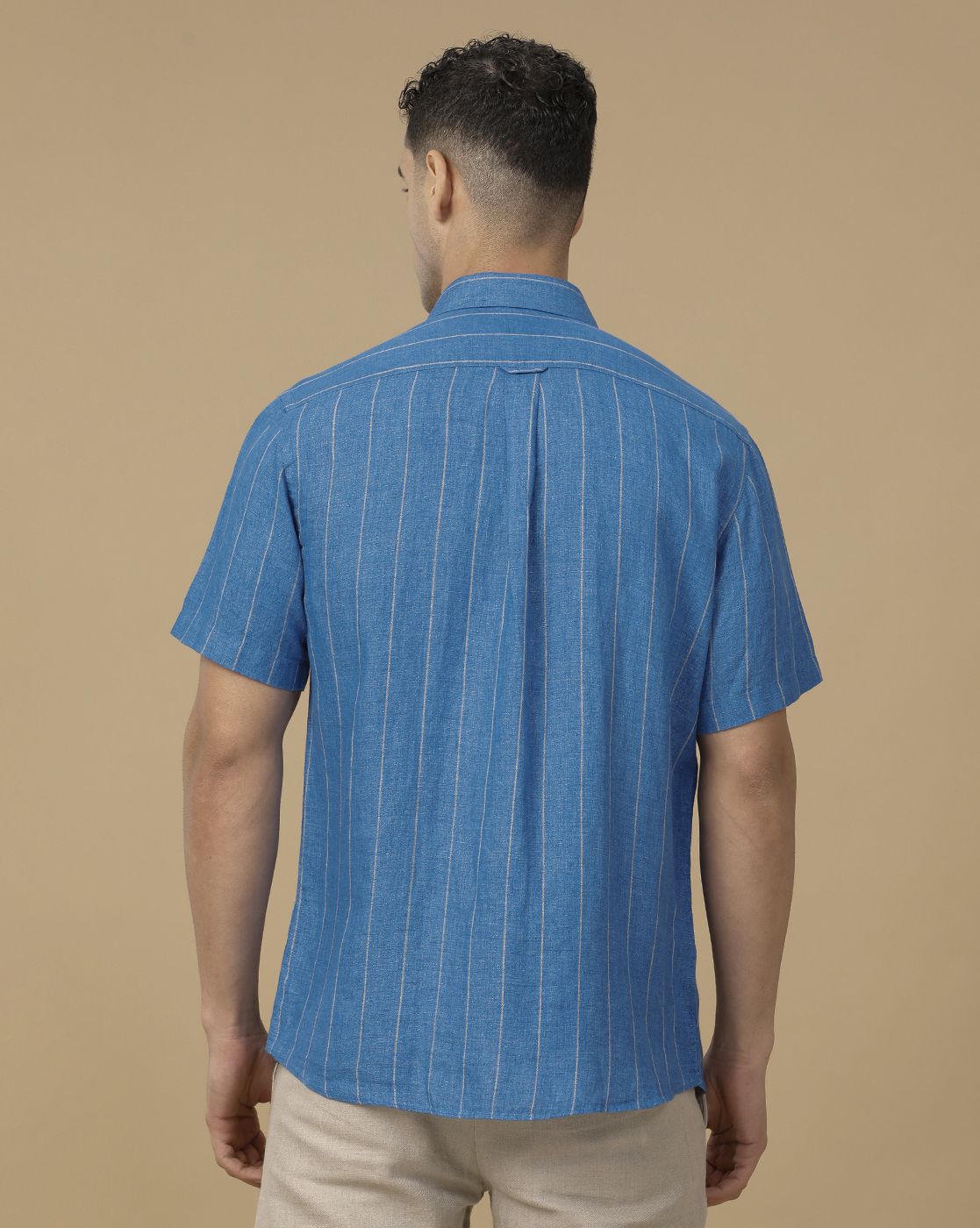 Linen Club Men's Pure Linen Blue Striped Contemporary Fit Half Sleeve Casual Shirt