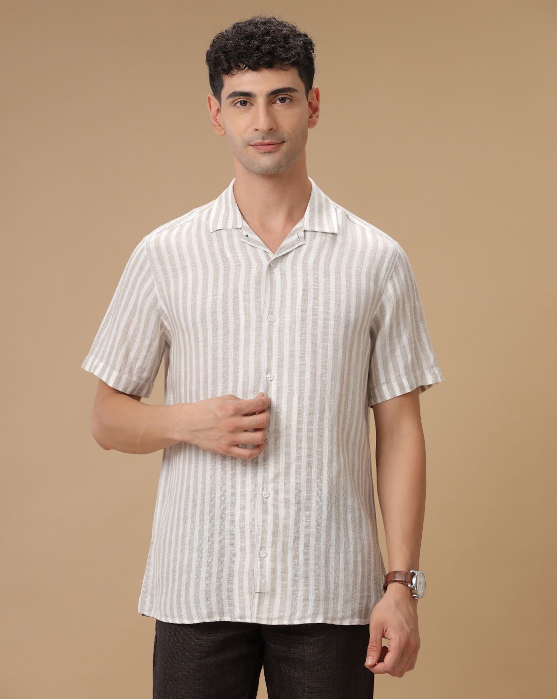 Men's Pure Linen Beige Striped Contemporary Fit Half Sleeve Casual Shirt
