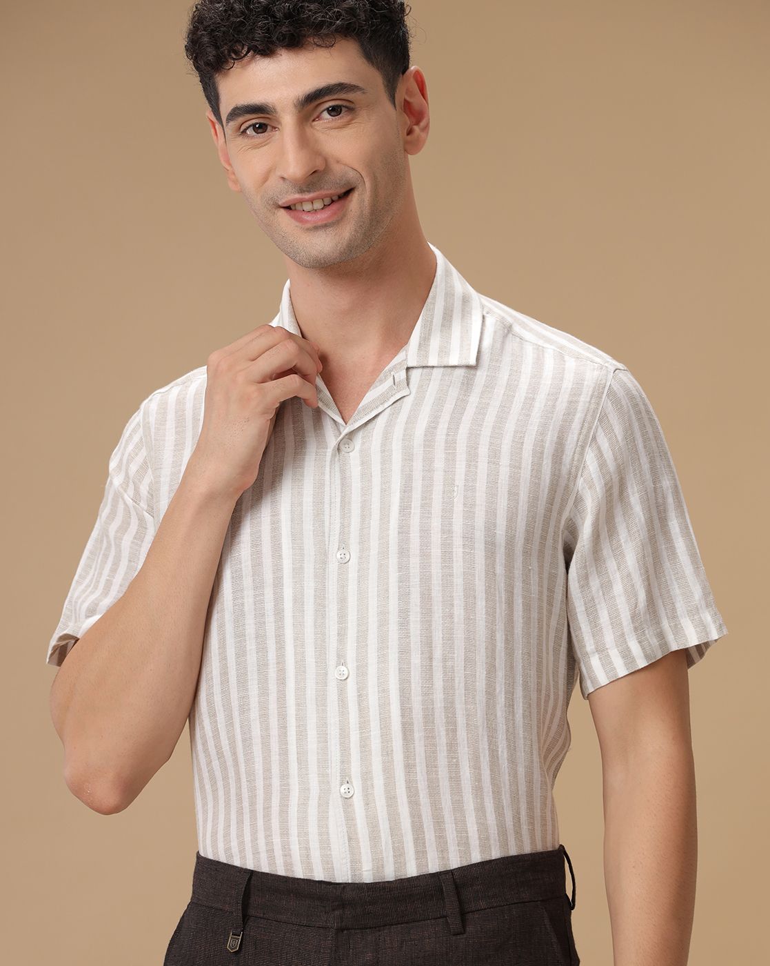 Men's Pure Linen Beige Striped Contemporary Fit Half Sleeve Casual Shirt