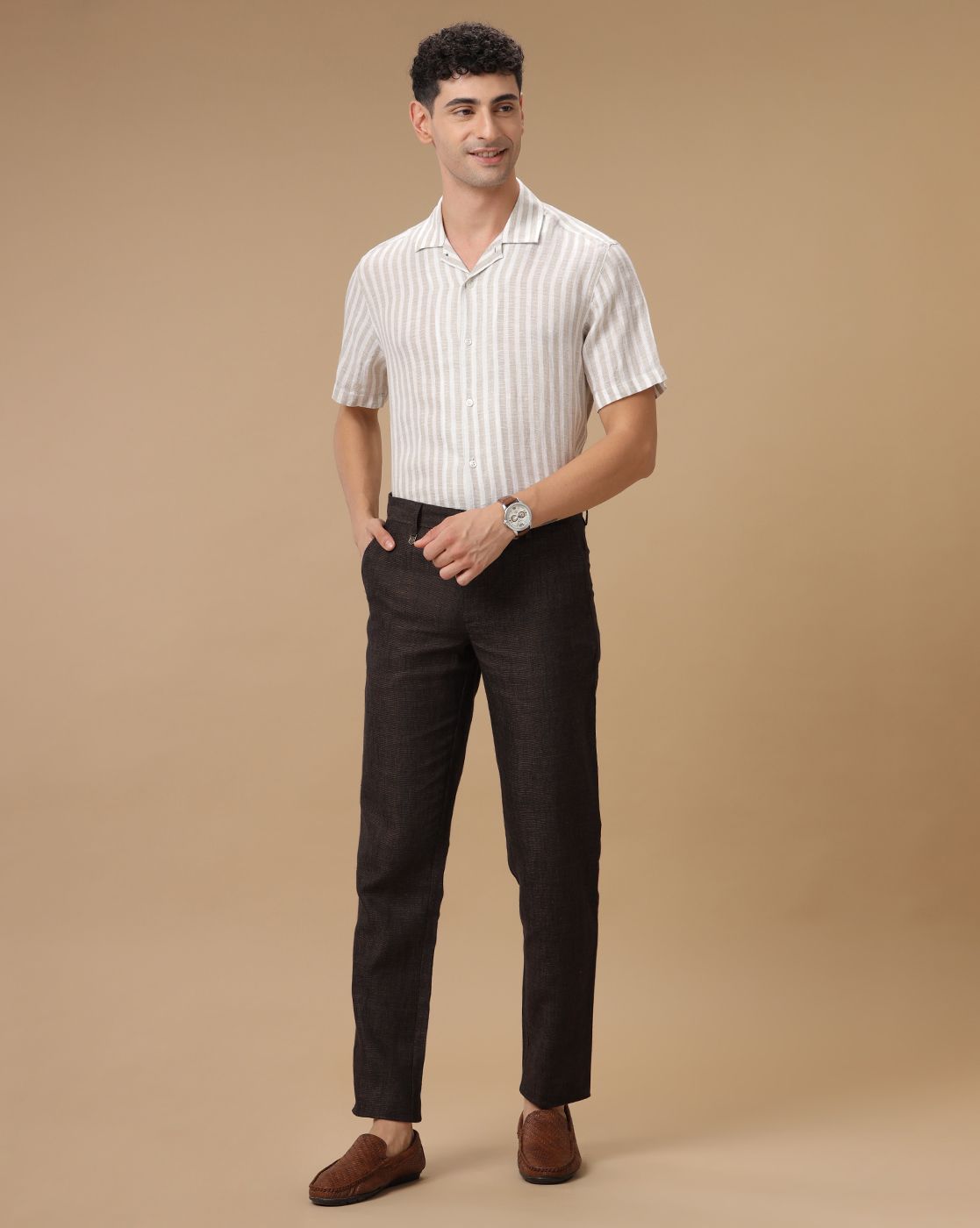 Men's Pure Linen Beige Striped Contemporary Fit Half Sleeve Casual Shirt