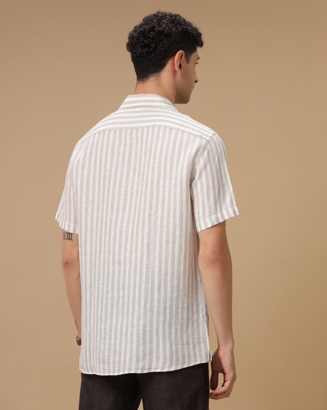 Men's Pure Linen Beige Striped Contemporary Fit Half Sleeve Casual Shirt