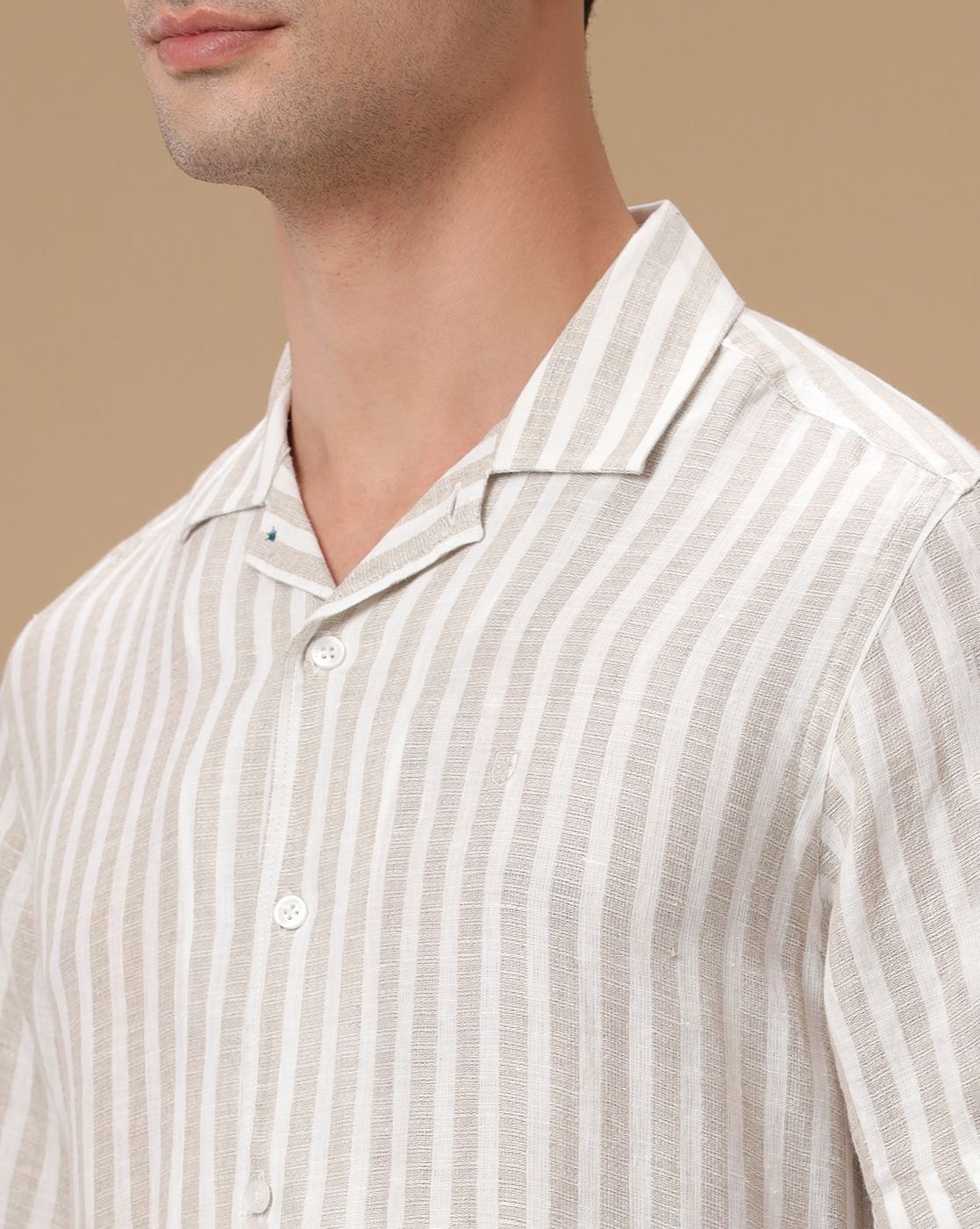 Men's Pure Linen Beige Striped Contemporary Fit Half Sleeve Casual Shirt