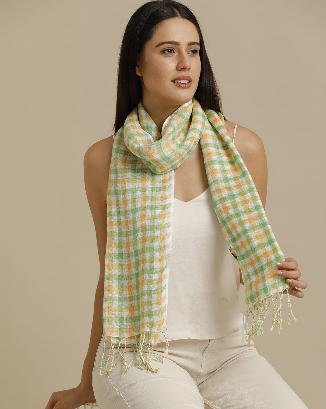 Linen Club Green Checked Pure Linen Unisex Stole