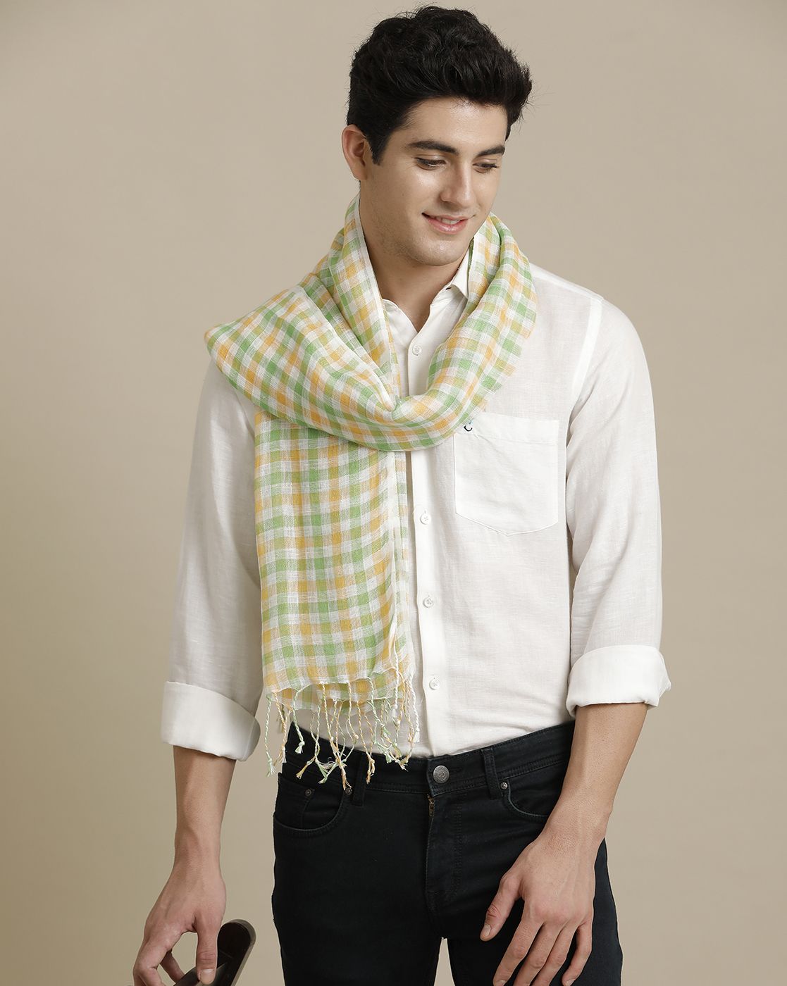 Linen Club Green Checked Pure Linen Unisex Stole