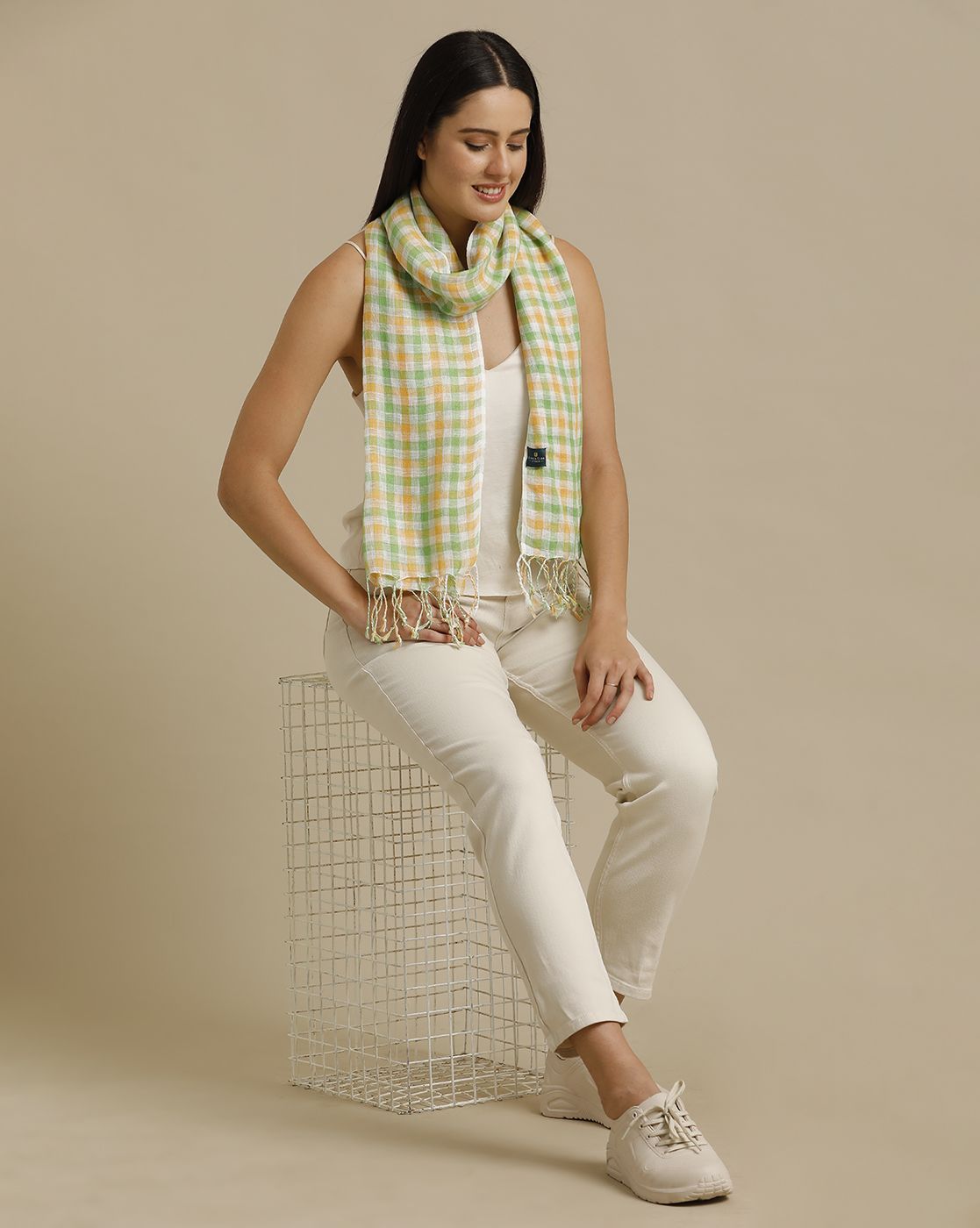 Linen Club Green Checked Pure Linen Unisex Stole