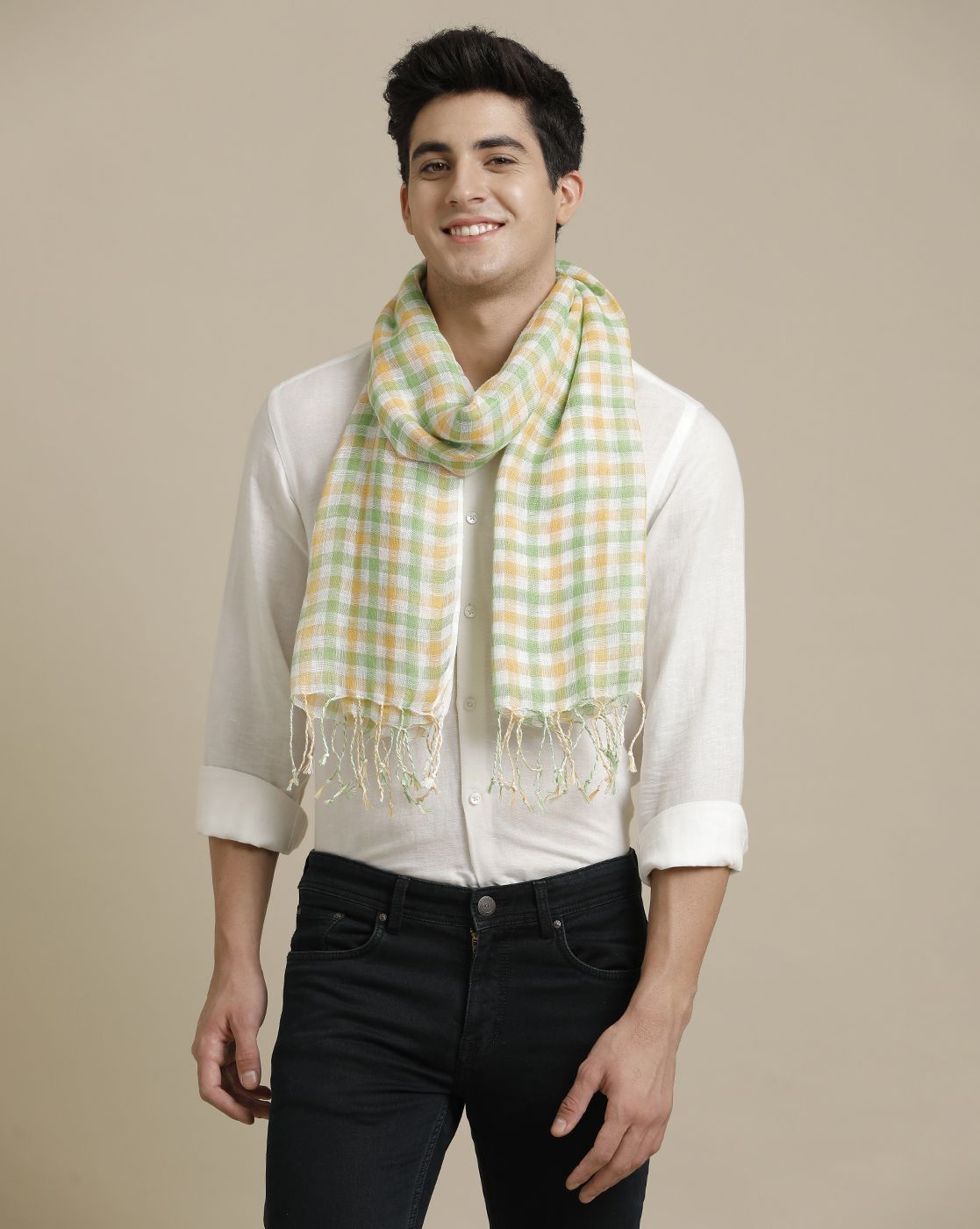 Linen Club Green Checked Pure Linen Unisex Stole