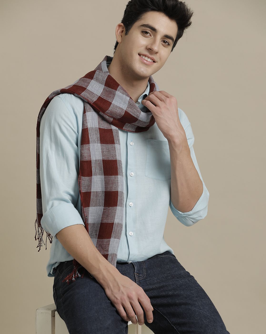 Linen Club Maroon Checked Pure Linen Unisex Stole