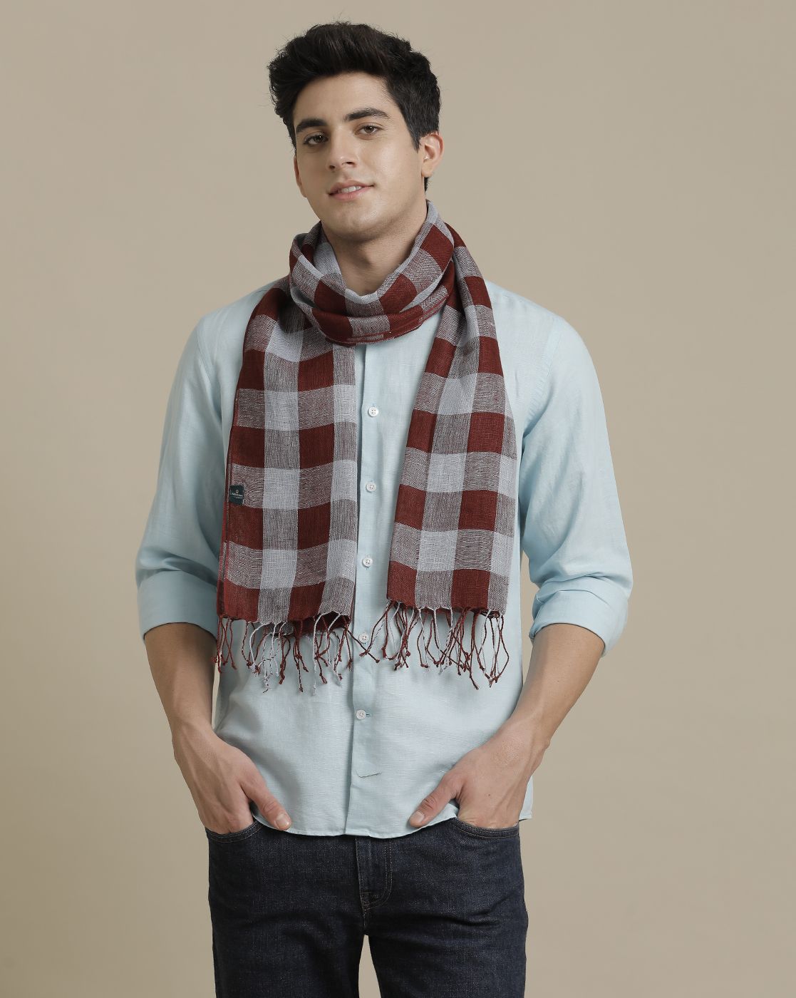 Linen Club Maroon Checked Pure Linen Unisex Stole