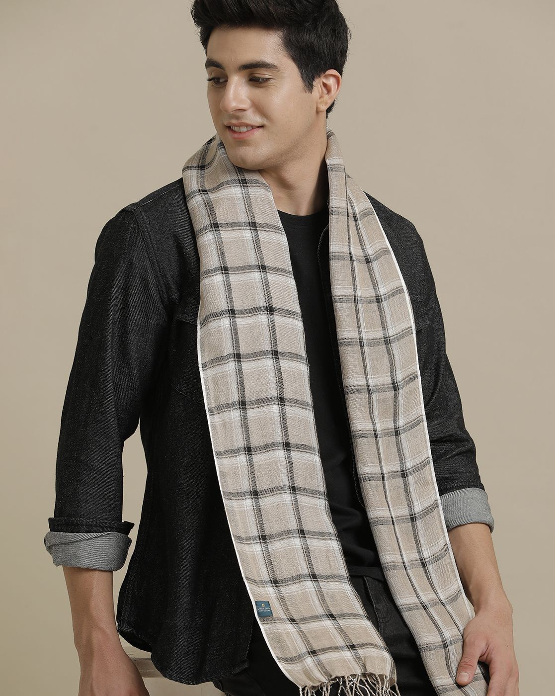 Linen Club Black Checked Pure Linen Unisex Stole