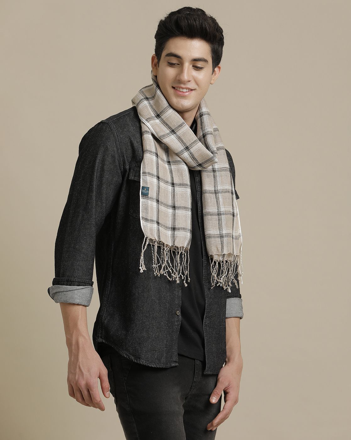 Linen Club Black Checked Pure Linen Unisex Stole