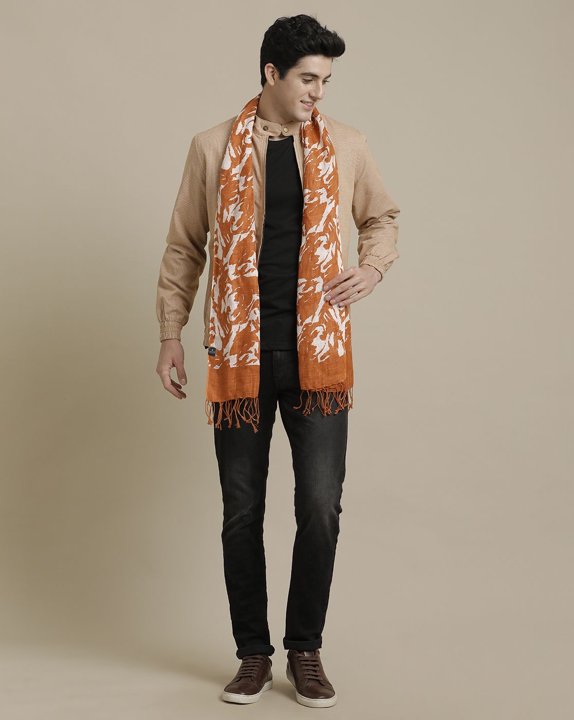 Linen Club Orange Printed Pure Linen Unisex Stole