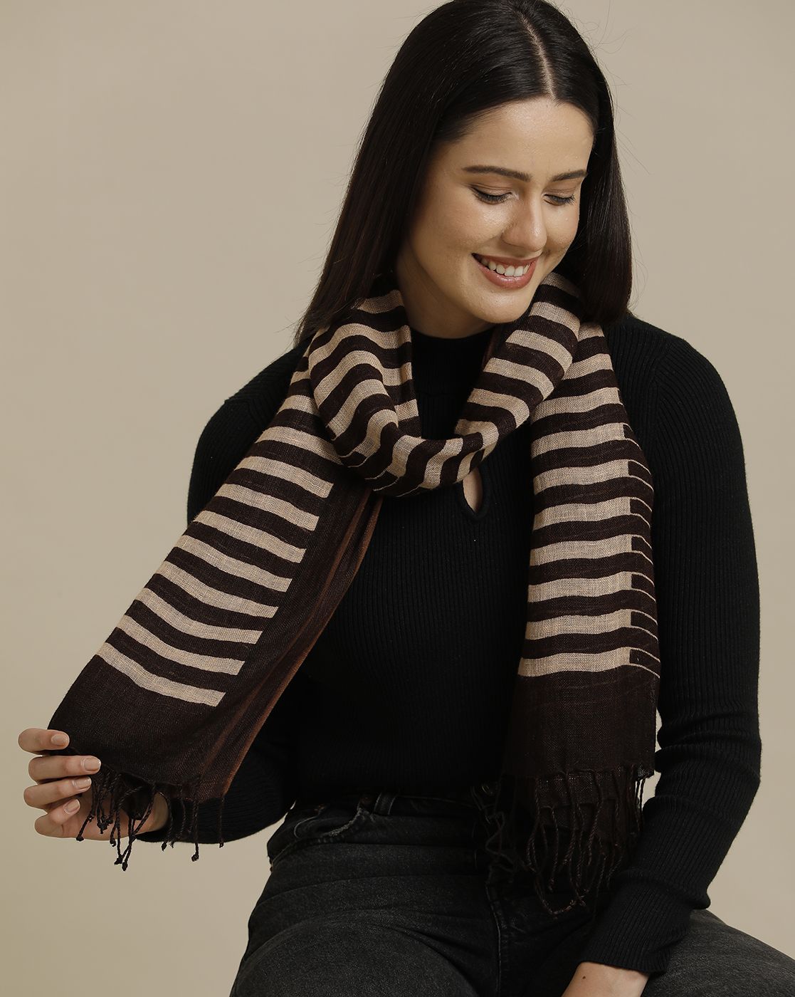 Unisex Brown Striped Linen Stole