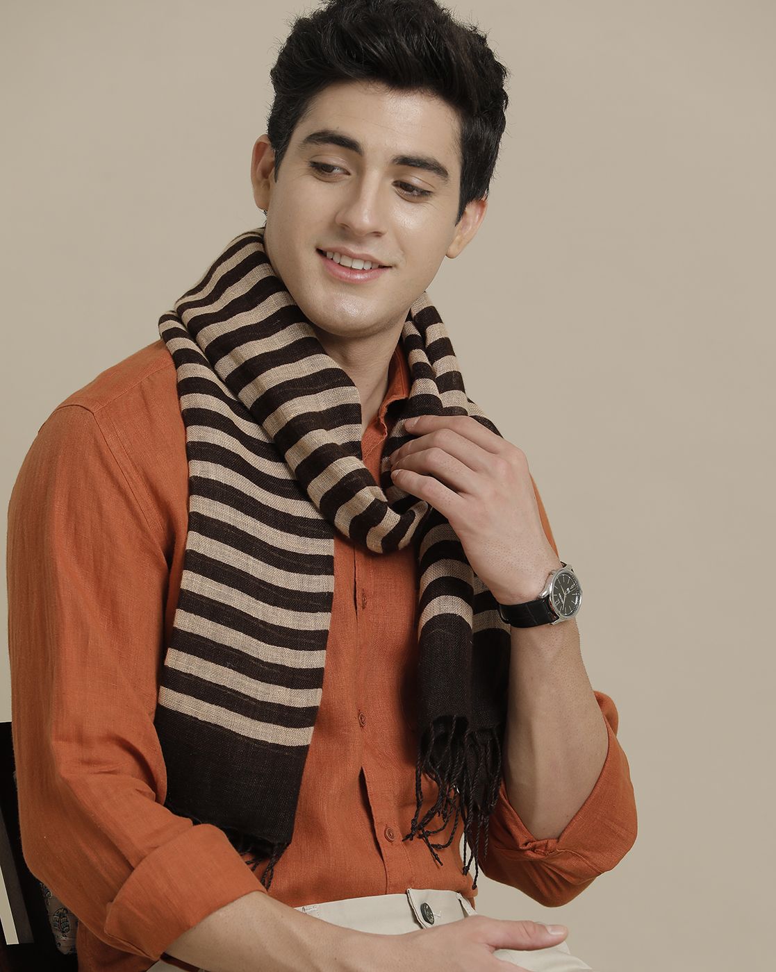 Unisex Brown Striped Linen Stole